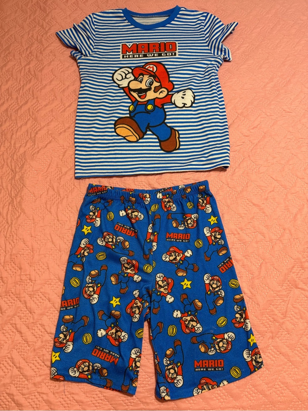 Nintendo Blue & White Mario Striped Tee and Blue Mario Print Shorts